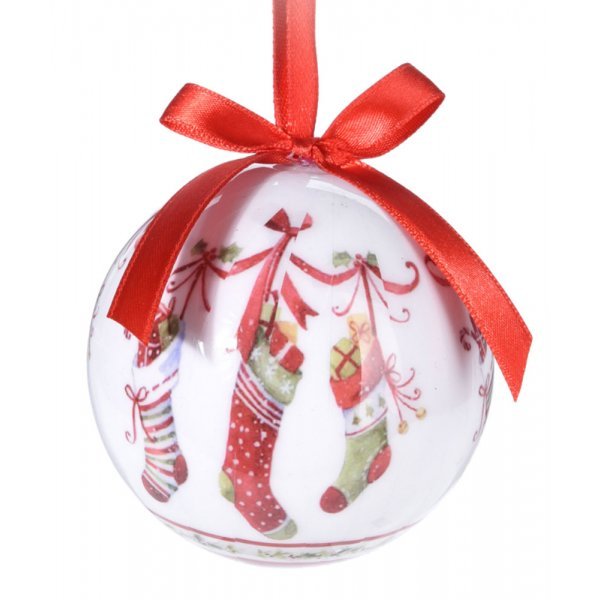 Χριστουγεννιάτικη Μπάλα Λευκή, με Κόκκινο Φιόγκο και Κάλτσες (7cm)